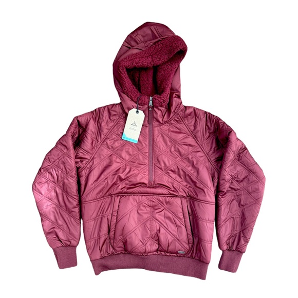 Prana Elsa Quilted Half Zip Kangaroo Pocket Pullover Hooded Jacket Maroon S NWT - Picture 1 of 11